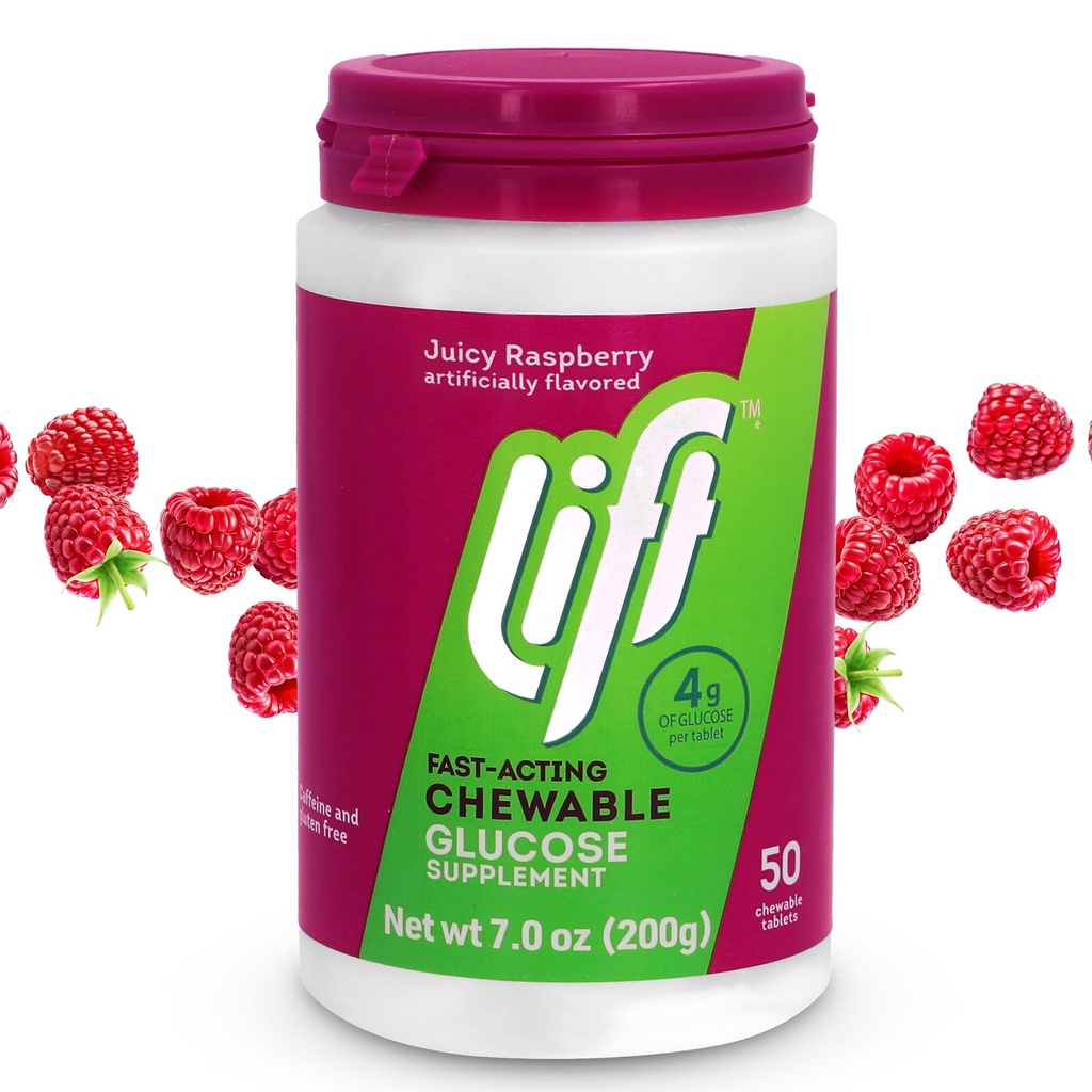 Lift glucose snelwerkende glucose kauwbare energie tabletten, framboos, 50 ct Jar (verpakking van 1)