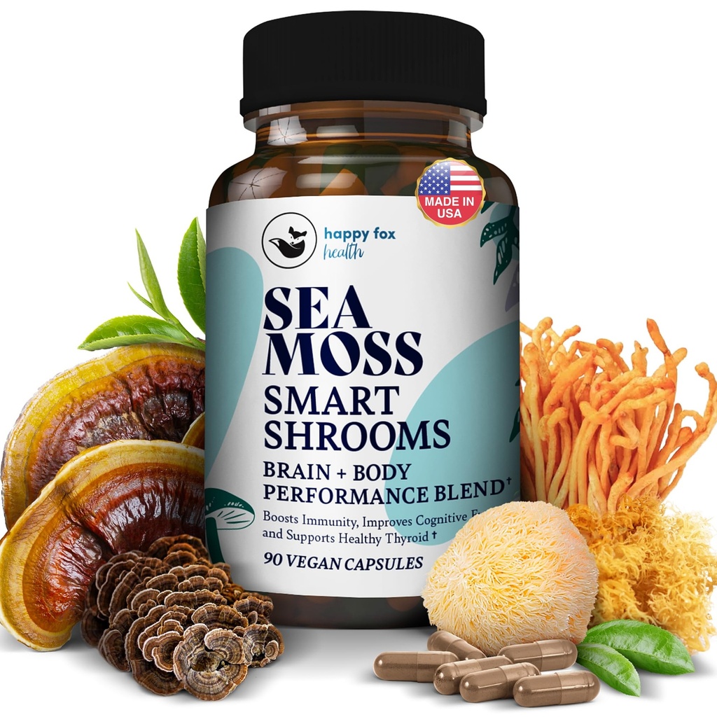 HAPPY FOX Irish Sea Moss Capsules & Mushroom Complex - Biologische Seamos met Adaptogenen voor Brain Health, 1500mg, 90 Vegan Capsules, Biologische Paddestoel Supplement