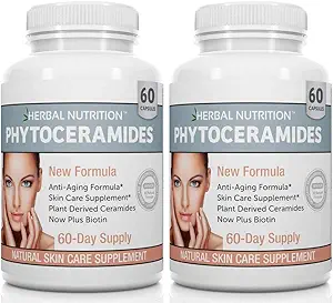 Fytoceramiden Rijst op basis van Biotin Anti Aging Supplement, rimpelverwijderaar en gezicht vochtinbrengend met Phytoceramiden Vitamine A, C, D en E, Twee flessen, 120 capsules 40 mg, Glutenvrij