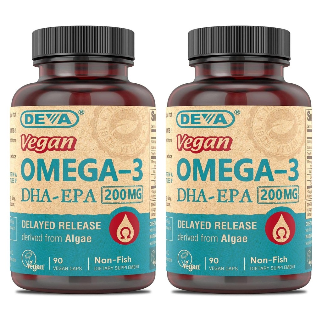DEVA Vegan Omega-3 DHA-EPA, van Micro Algen, vertraagde afgifte, 90 Vegan Capsules (verpakking van 2)