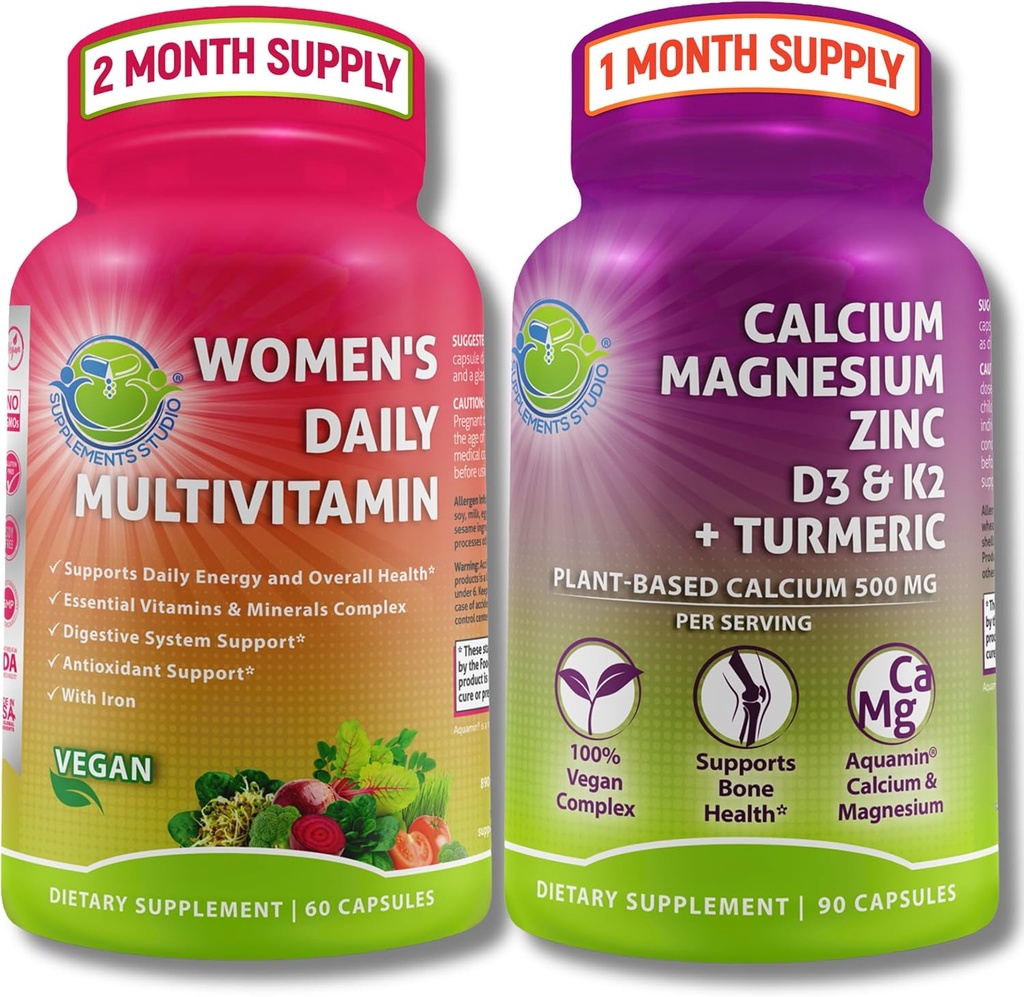supplementen STUDIO Uitgebreide Wellness & Bone Health Bundle - Women's Daily Multivitamine with Iron + Plant Based Calcium, Magnesium, Zink, D3, K2 & Turmeric - Vegan, Non-GMO, Clean Ingredients