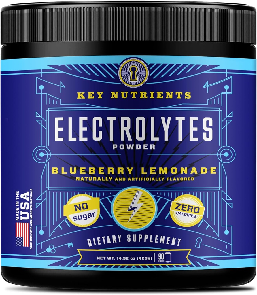 KEY NUTRIËNTEN Multivitamine Elektrolyten Poeder Geen Suiker - Verse Blueberry Lemonade Electrolyte Powder - Endurance & Energy Supplement - Hydration Drink - No Calories - 90 Servings - Made in USA
