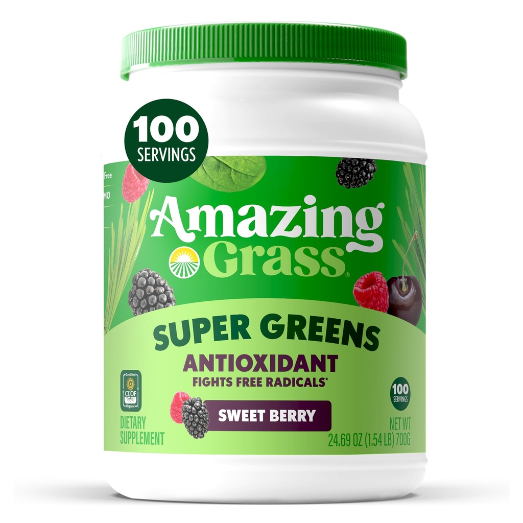 Amazing Grass Greens Superfood Antioxidant: Greens Powder with Organic Spirulina, Beet Root Powder, Elderberry & Probiotics, Sweet Berry, 100 Servings (Verpakking mei Vary)