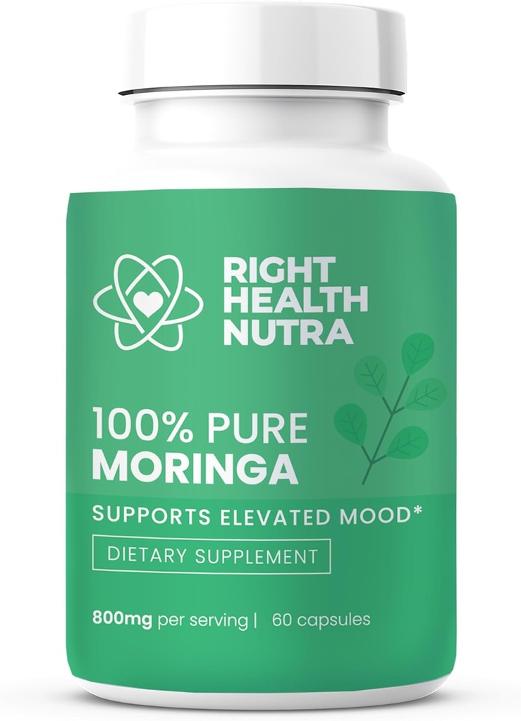 Rechtse Gezondheid Nutra - 100% Pure Moringa 800mg - 60 Capsules - Dieetsupplement voor Heldere Mood, Verbeterde Concentratie, en versterkt geheugen - met vitamines, mineralen en voedende voedingsstoffen