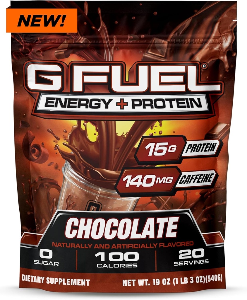 G Fuel Protein + Energy Drink Powder, Pre Workout Cafeine Mix voor Gaming, Suikervrije Focus Amino, Vitamine + Antioxidanten, 19oz (Chocolaat, 20 Servers)