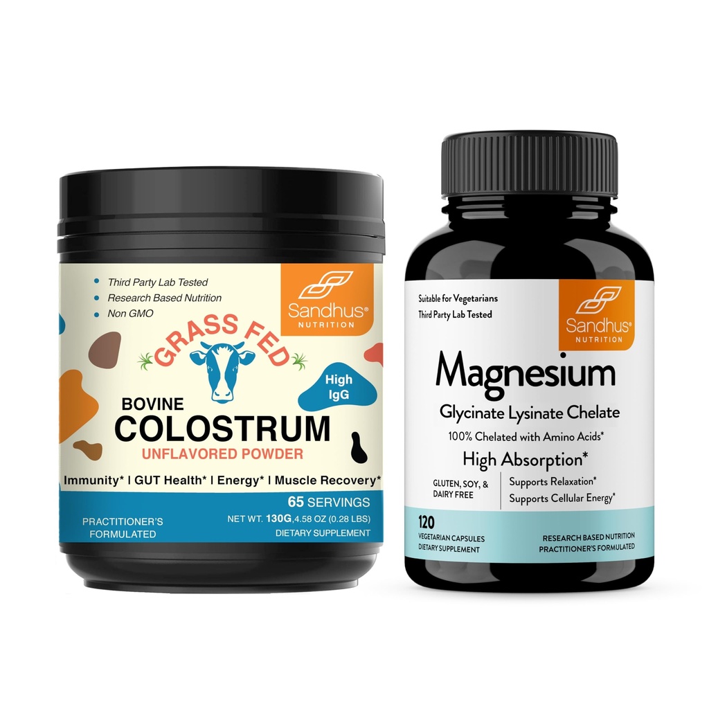 Sandhu's Bovine Colostrum Powder & Magnesium Glycinate Lysinate Capsules Helpt Gut, Immune Heath & Slaap Ondersteuning