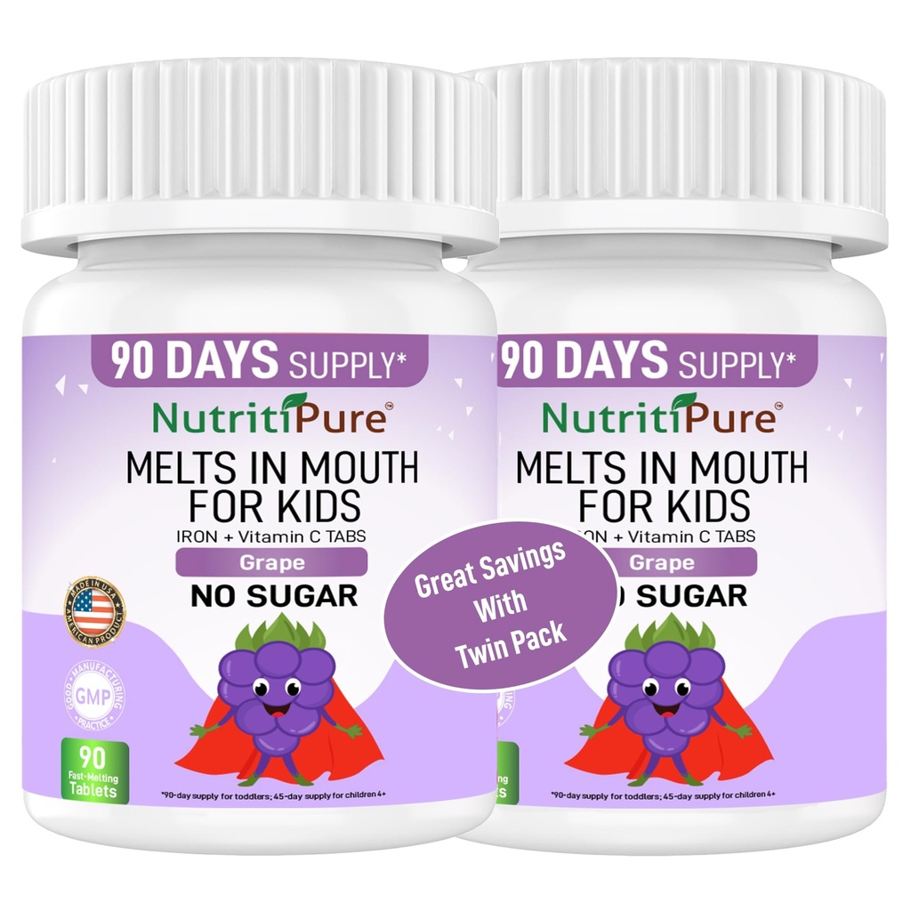 Kinderen Chewable Iron Supplement, Ferronyl® Carbonyl Iron 9 mg, vitamine C 30 mg, druivensmaak, 90 tabletten (2 flessen)