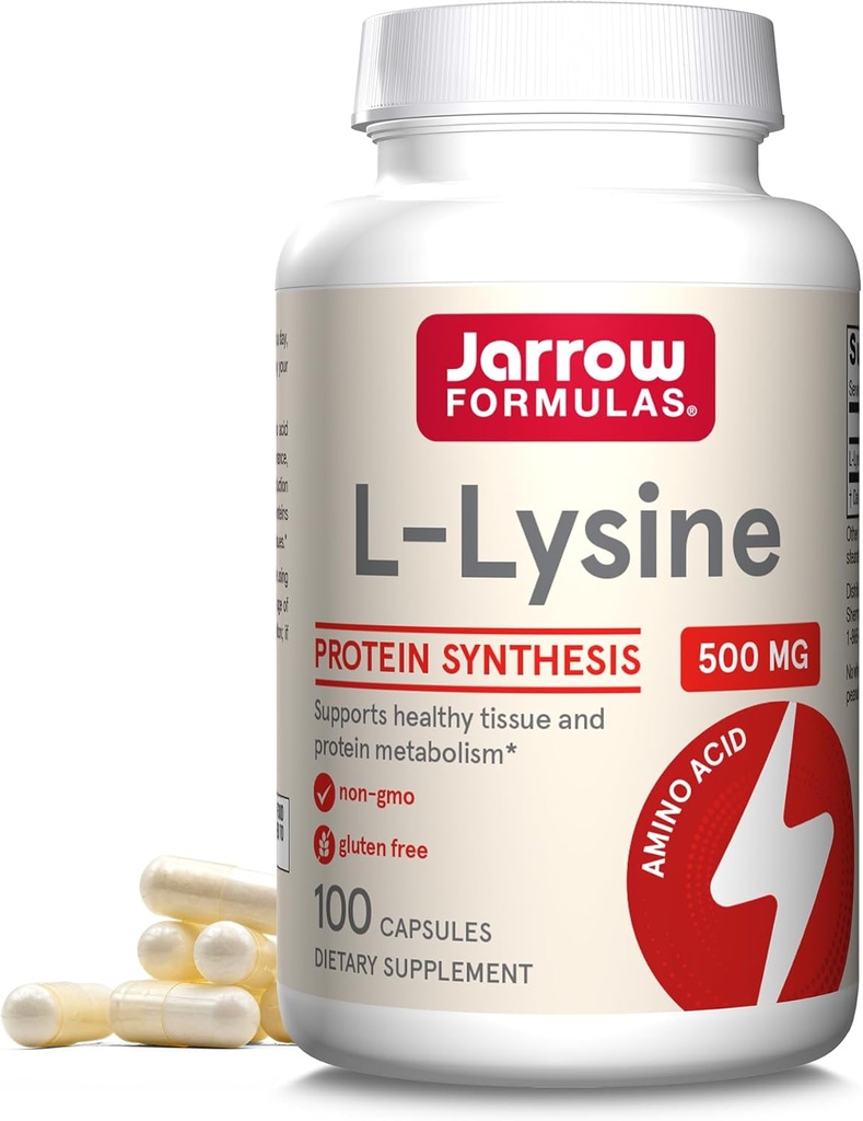 Jarrow Formules L-Lysine 500 mg, Dieetsupplement, Aminozuur voor eiwitsynthese en gezonde weefselondersteuning, 100 capsules, 100 dagen levering