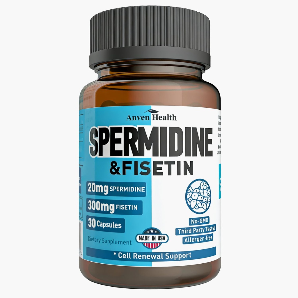 Spermidine & Fisetin Supplement - 20 mg 99% Spermidine per portie, 3HCL & 300 mg Fisetine voor vrouwen Heren Cell Revitation, Aging Defense & Longevity, Gluten Free, Non-GMO, Made in USA 30 Veggie Caps