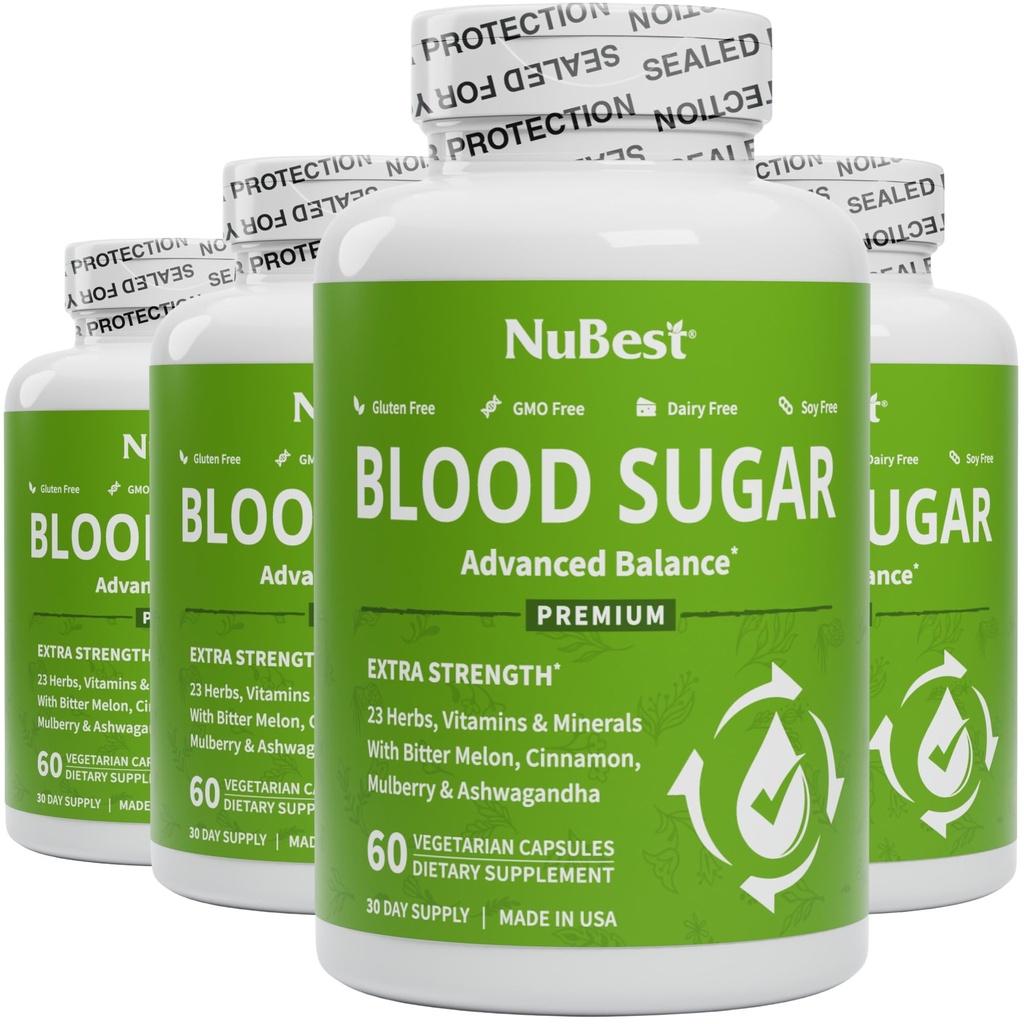 NuBest Blood Sugar - Premium Formule met Bitter Meloen, Ashwagandha, Kaneel, Chroom, Magnesium, Vitaminen, Alpha Lipoïnezuur, Cayenne Pepper - Ondersteuning gezonde bloedsuiker - Pack 4