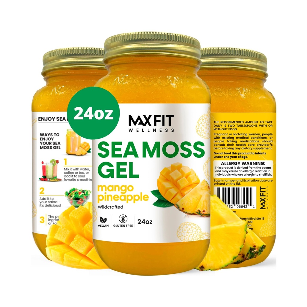 MAX FIT Sea Moss Gel Raw (12 Flavors) 24oz Wildсrafted Gold Sea Moss Gel from Saint Lucia | 92 Vitamins and Minerals | Pure Raw+Non-GMO | Vegan Superfood
