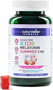 NatureWise Kids Melatonin 1 mg Sugar-Free Gummies for Children Ages 4 & Up - Non-Habit Forming Sleep Aid - Strawberry Flavored - Vegan, No Gluten, Non-GMO - 90 Count[3-Month Supply]
