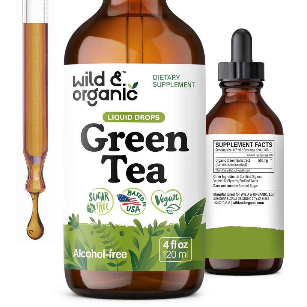 Wild & Organic Green Tea Extract Liquid Drops - Antioxidant-Rich Green Tea Supplement - 2-maand levering - Vegan, suiker & alcoholvrije Camellia Sinensis Tinctuur - 4 fl oz