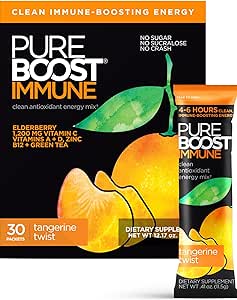 Pureboost Immune Clean Energy Booster, Verfrissende Energie Drink Mix en Immuniteit Supplement met Vlierbessen, 1.200 mg Vitamine C, Vitaminen A + D, en Zink. (Tangerine Twist, 30 Tel)
