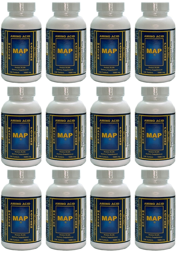 Verpakking van 12 flessen MAP Master Aminozuurpatroon (120 tabletten/fles) 99% Net Stikstofgebruik (NNU) - Original Formula by Dr. Luca Moretti