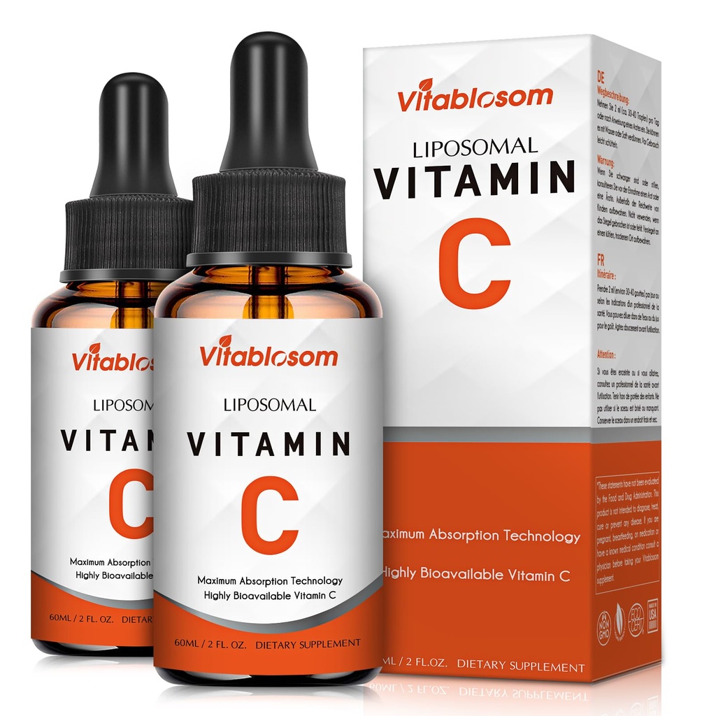 Liposomale vitamine C 2000mg Liquid for Adults, High Absorptie VIT C, Maximize Vitamin C, Immuun System & Antioxidant Support, 60ML (2 Fles)