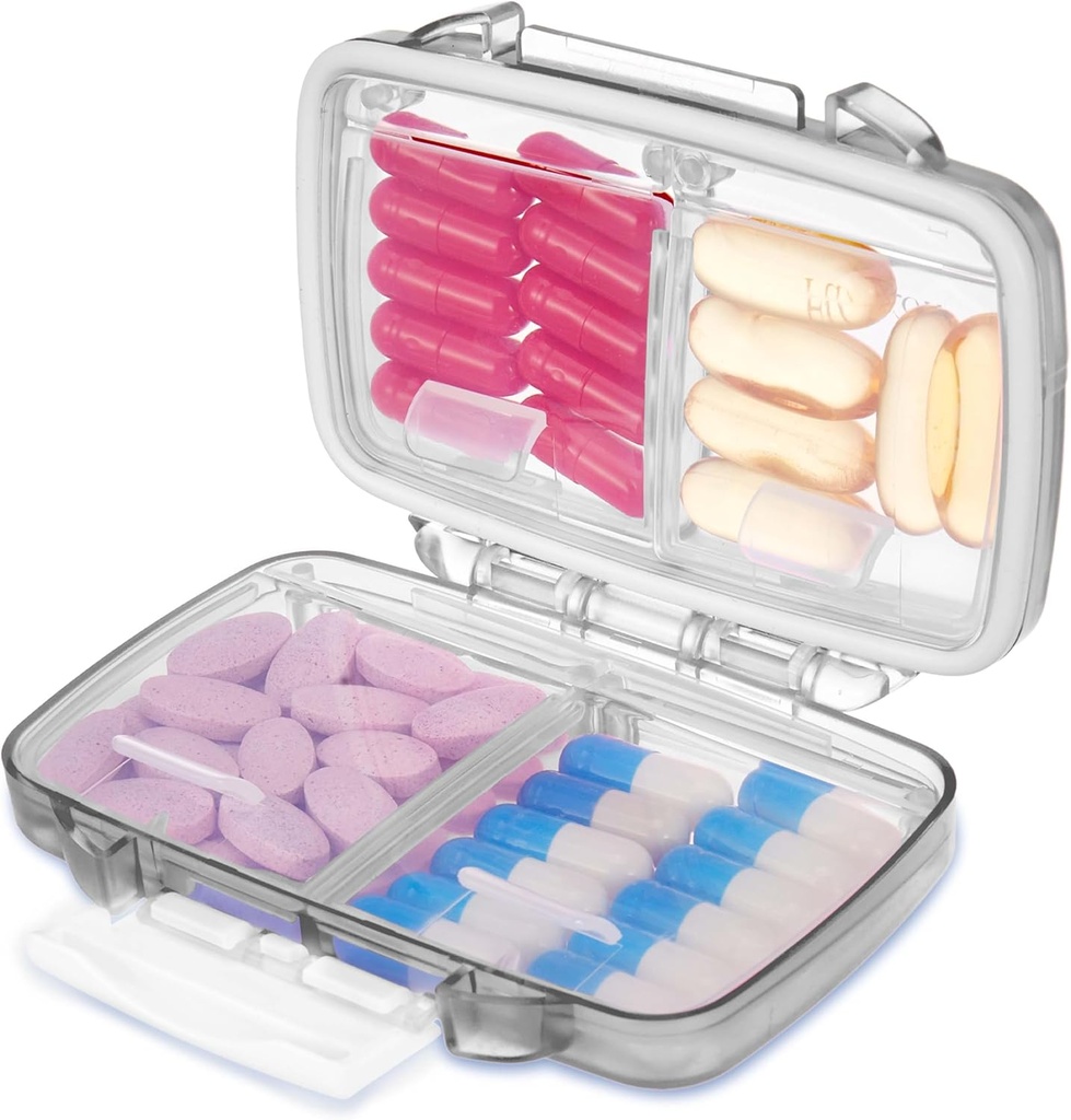 Fullicon Travel Pill Organizer, 4 Compartments Portable Pill Case, Vocht Proof kleine pil Box met labels, Travel Pill Case met Double Lock, Pocket Pharmacy voor vitamine D3 & Fish Oil (Grijs)