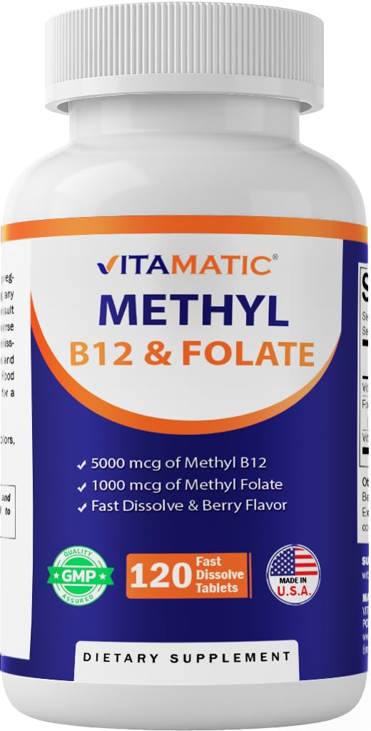 Vitamatic Methylfolaat & B12-supplement met pyridoxaal 5fosfaat (P-5-P) - bevordert cardiovasculaire gezondheid en energiemetabolisme - 120 sneloplossende tabletten - niet genetisch gemodificeerd en glutenvrij