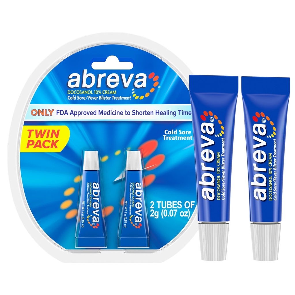 Abreva 10 Percent Docosanol Cold Sore Treatment, Treats Your Fever Blister in 2.5 Days - 0.07 oz Tube x 2