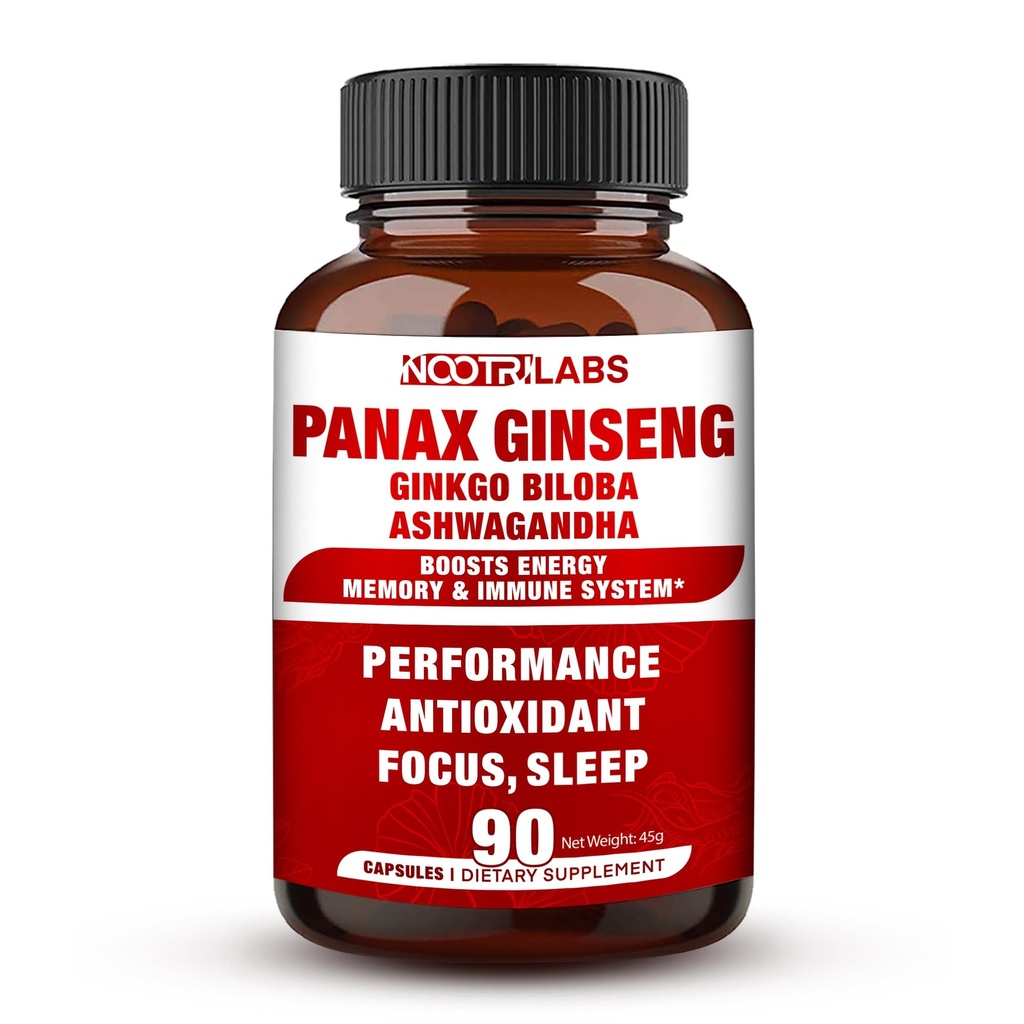 Korean Red Panax Ginseng 750mg Hoogste Potency met Ginkgo Biloba en Ashwagandha, Boost Energy, Memory, en Immune System - Focus Supplement Pillen voor mannen en vrouwen, 90 Vegan Capsules