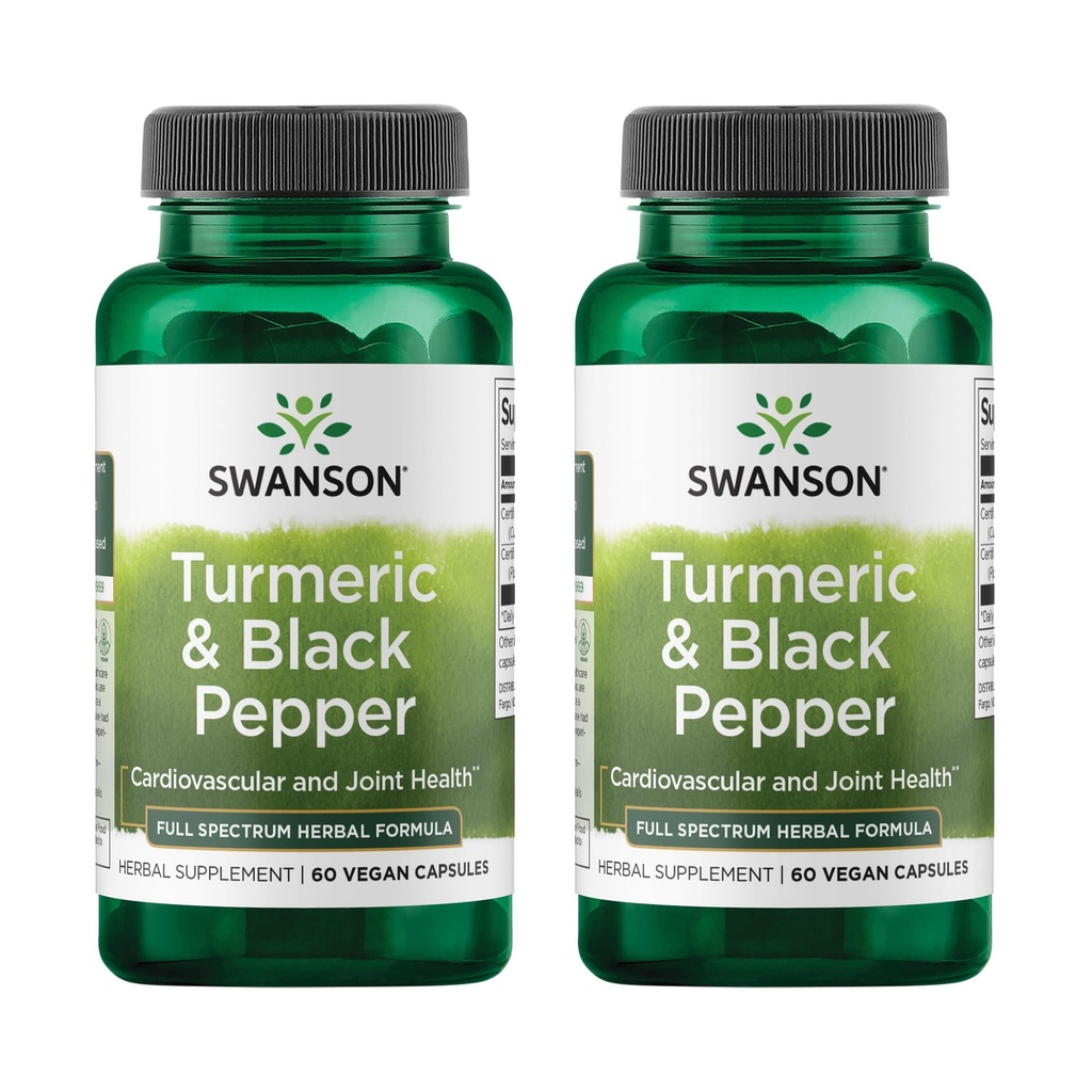 Swanson Turmeric & Black Pepper - Organic Joint Health, Heart Health, Digestie, & Lever Ondersteuning Supplement - Natuurlijke formule voor verbeterde biologische beschikbaarheid en absorptie - (60 Veggie Capsules) 2 Pack