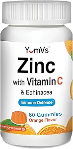 Zinc Vitamin C and Echinacea Gummies for Adults and Kids by YumVs | Chewable Gummy - Vegetarian, Halal, Kosher | Orange Flavor - 60 Count