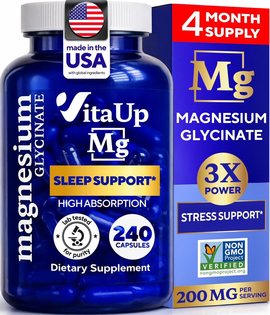 Magnesium Glycinate 200mg - USA Made Magnesium Supplement for Sleep, Heart, Bones, Metabolisme Support - High Absorptie Magnesium Bisglycinate Capsules - 240 Vegan Chelated Capsules
