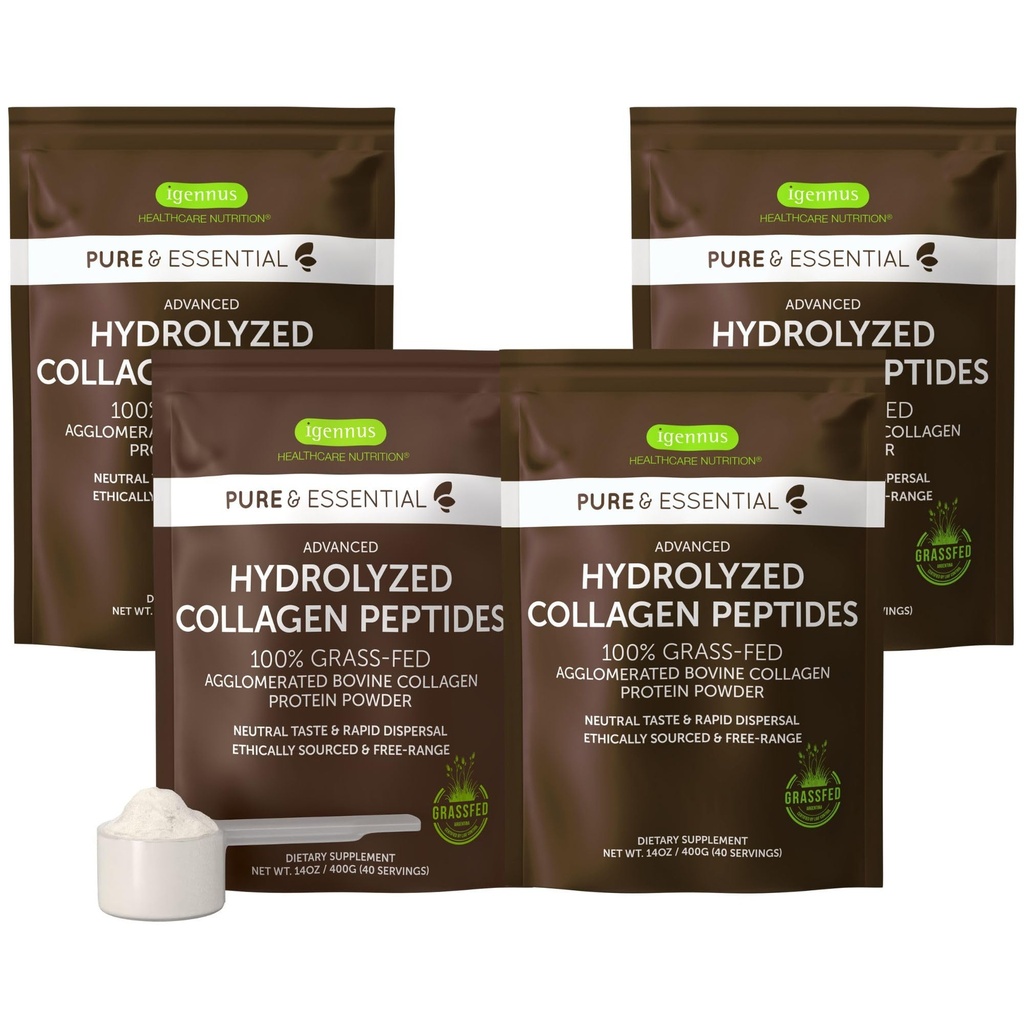 Igennus Free Range Gras Fed Gehydrolyseerde Bovine Collagen Peptiden, Neutrale Proeve, 100% Hoogstegrade Bovine Collageen Proteïne Poeder, Types 1, 2 & 3, Clean Label, Non-GMO, Free Range,4 x 40 Servers