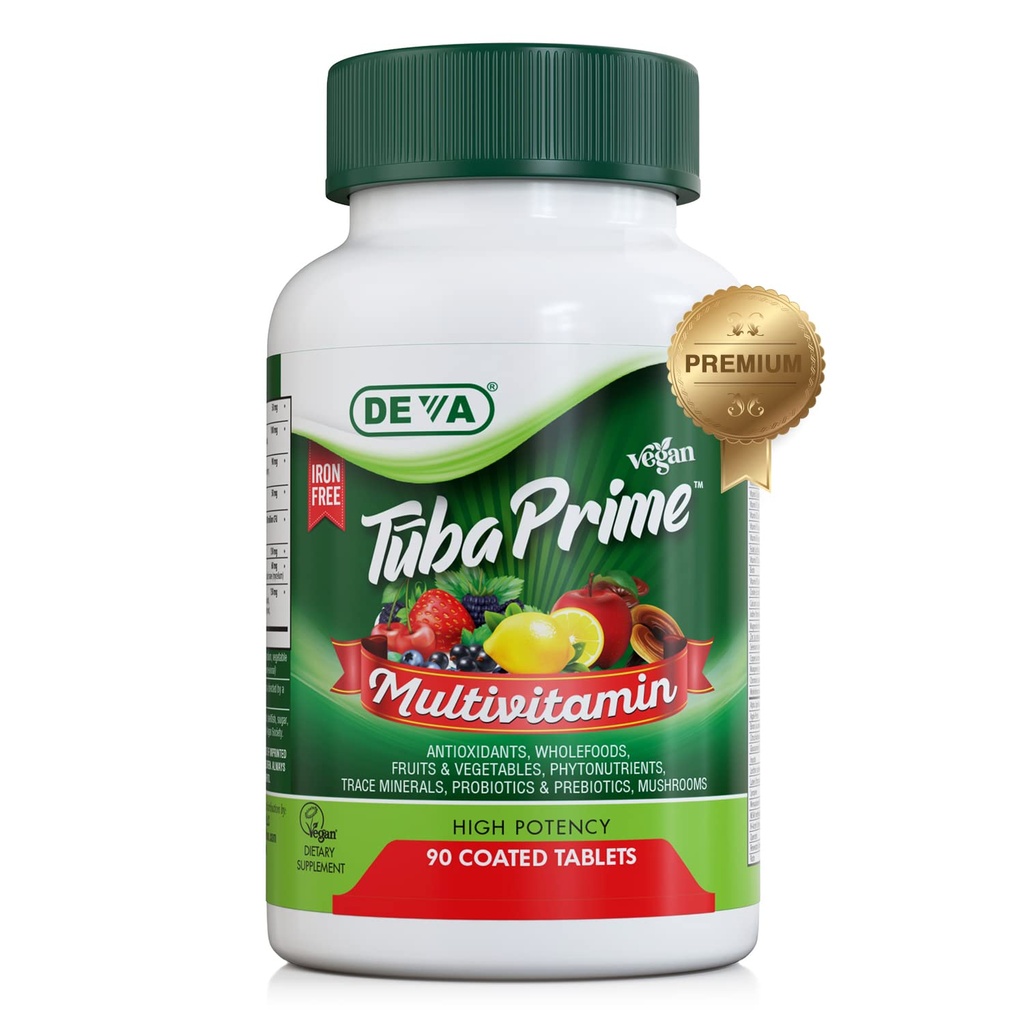 DEVA Tuba Prime Vegan Multivitamine Iron-Free - High-Potency Vitamine & Mineraal Dieetsupplement - Antioxidanten, Fruit & plantaardige Blend, Super Paddestoelen, Probiotica, Prebiotica, Zaden, Kruiden 90 Tabs