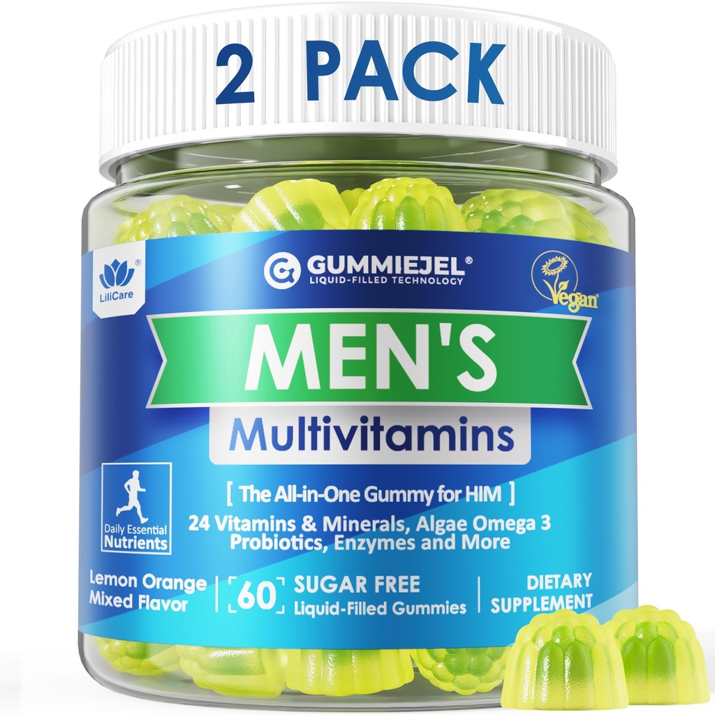 2 Pack - Heren Multivitaminen Gummies, Multiminerals, Vegan Omega 3, CoQ10, Probiotica, Dagelijkse Heren Vitaminen A C D E B6 B12, Gemethyleerde Multivitamine voor Mannen, Energie, Immuniteit, Suikervrij, Veganistisch (geen ijzer)