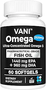 Farmaceutische graad Omega 3 Visolie, KD-PUR Premium Duitsland Visolie Supplementen 2520mg met EPA & DHA- Ondersteunt hersenen, hart en immuniteit (60 Softgels)
