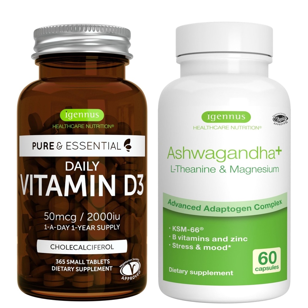 Dagelijks vitamine D3 + Ashwagandha+ L-Theanine & Magnesium Vegetarische bundel, 365 2000iu vitamine D3 tabletten + 600mg KSM-66 Ashwagandha met zink & B vitamines, door Igennus
