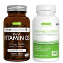 Dagelijks vitamine D3 + Ashwagandha+ L-Theanine & Magnesium Vegetarische bundel, 365 2000iu vitamine D3 tabletten + 600mg KSM-66 Ashwagandha met zink & B vitamines, door Igennus