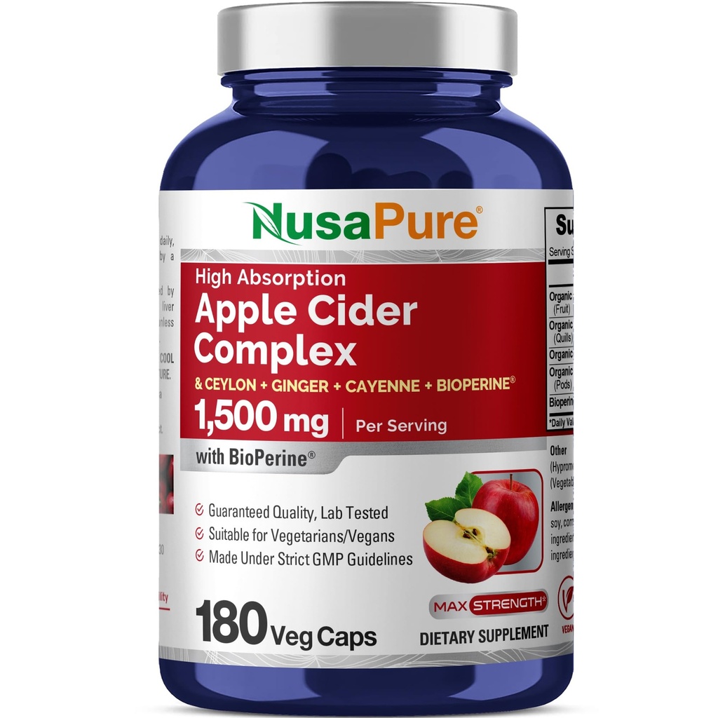 NusaPure Apple Cider Vinegar Complex 1500 mg 180 Veg Caps Geschikt voor vegetariërs en veganisten, niet-GMO