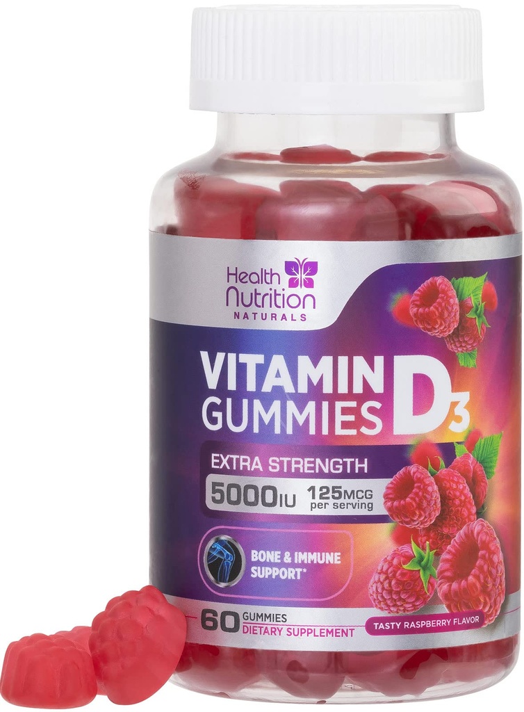 Vitamine D3 Gummies 5000 IE (125 mcg) - Triple Strength Bone and Immune Support, Vitamine D Gummy Dieetsupplement, Nature's Berry D Vitamine Supplement, Raspberry Flavored, Non-GMO - 60 Gummies