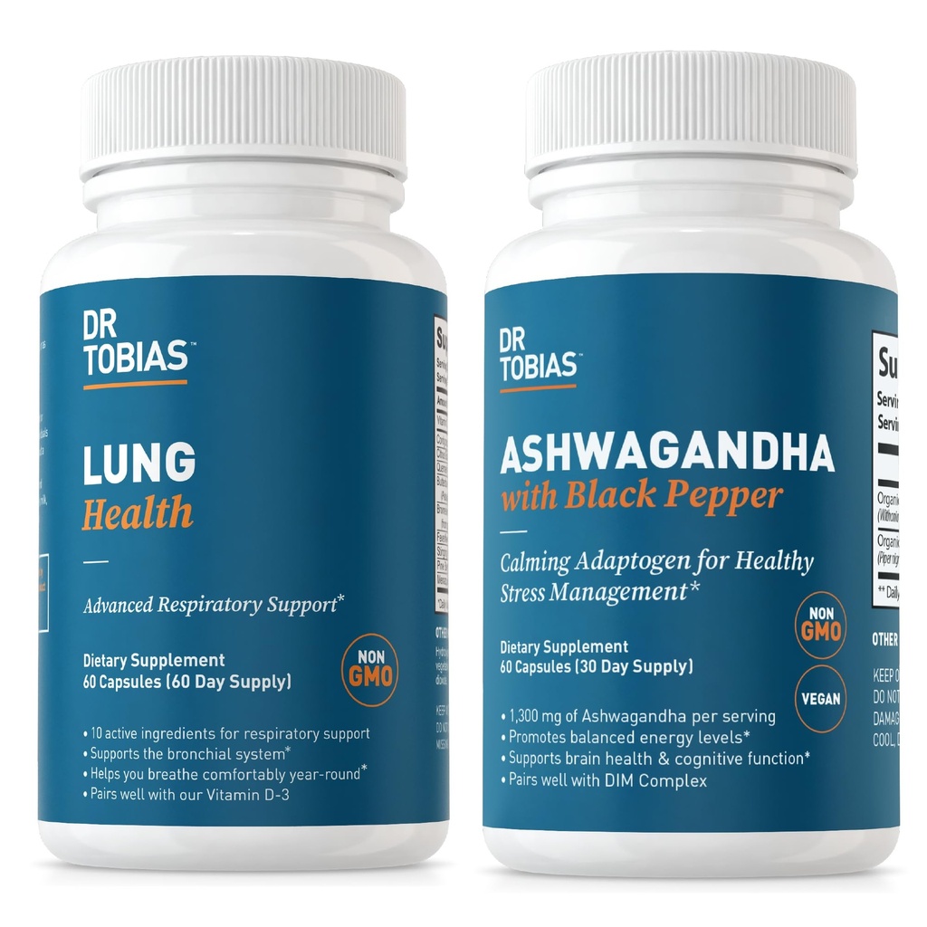 Dr. Tobias Lung Health en Ashwagandha Capsules - Longreiniging & detox voor Bronchial & Respiratory System met Calming Adaptogen Formula, Non-GMO