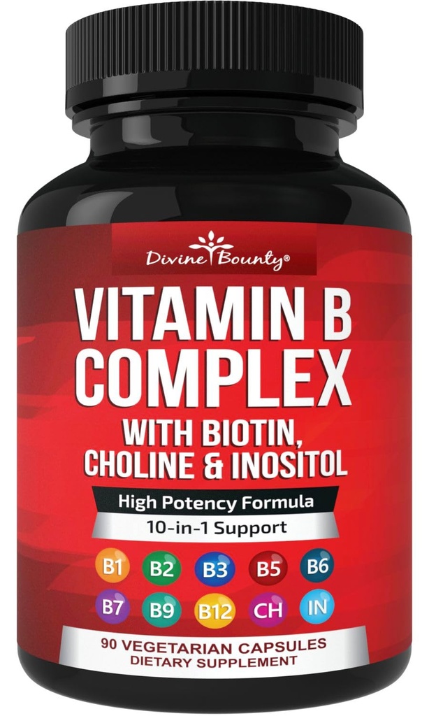 Divine Bounty Super B Complex Vitaminen - Alle B Vitaminen Inclusief B12, B1, B2, B3, B5, B6, B7, B9, Foliumzuur - Vitamine B Supplement - Ondersteuning gezonde energie Metabolisme - 90 Vegetarische Capsules