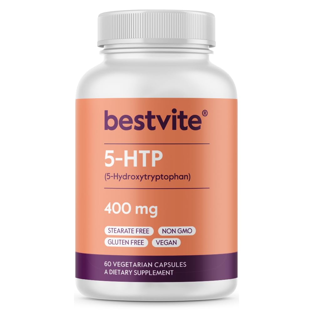 BESTVITE 5-HTP 400 mg per capsule (60 Vegetarische capsules) - Geen Stearates - Veganistisch - Niet GGO - Glutenvrij - Extra sterkte 5HTP
