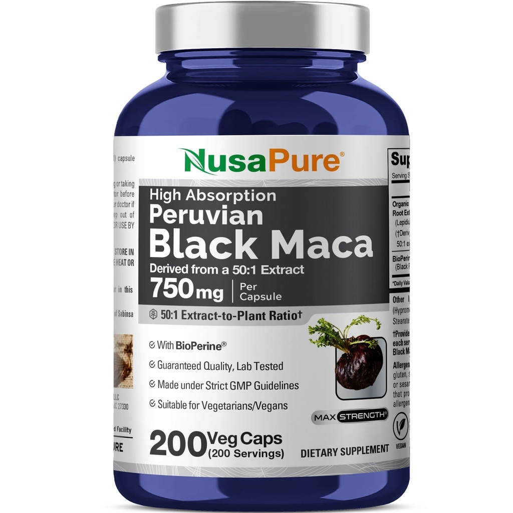 NusaPure Black Maca Root 50:1 Extract, 750 mg Equivalent aan 37,500 mg 200 Veggie Per Caps (Vegan, Non-GMO)
