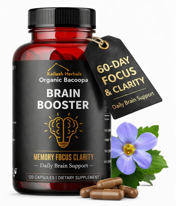Bacopa, Organic Brain Booster, Nootrope Brain Supplement, Bacopa Monnieri/Brahmi, voor geestelijke scherpte, focus, geheugen, en cognitieve wellness, 120 capsules 500mg, 2 maand aanbod