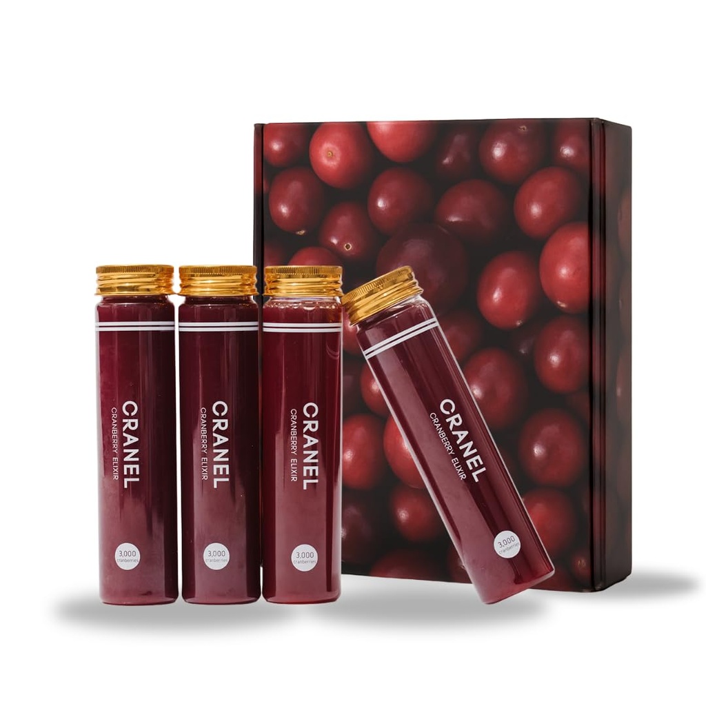 CRANEL UTI-ondersteuning Cranberry Elixir, 4X-flessen (maandelijks aanbod) Klinisch bewezen en antibioticavrij, verpakt met 3.000 echte veganistische veganistische en niet-GMO, nul toegevoegde suiker