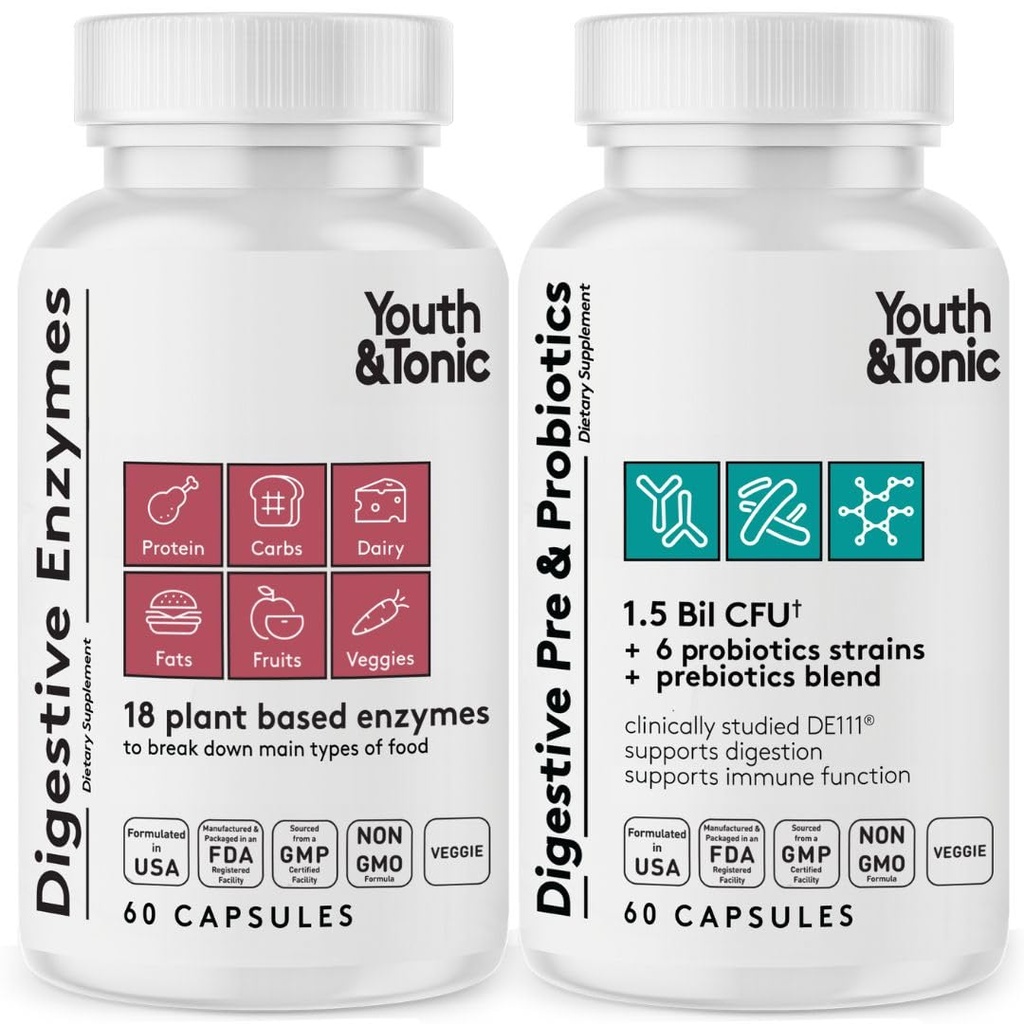 Jeugd & Tonic Digestief Supplement voor opgeblazen gevoel, Regularity & Gut Health. Full Spectrum Enzymes Probiotica & Prebiotica voor digestie om voedsel te breken en dagelijks te gebruiken, voor vrouwen en mannen .