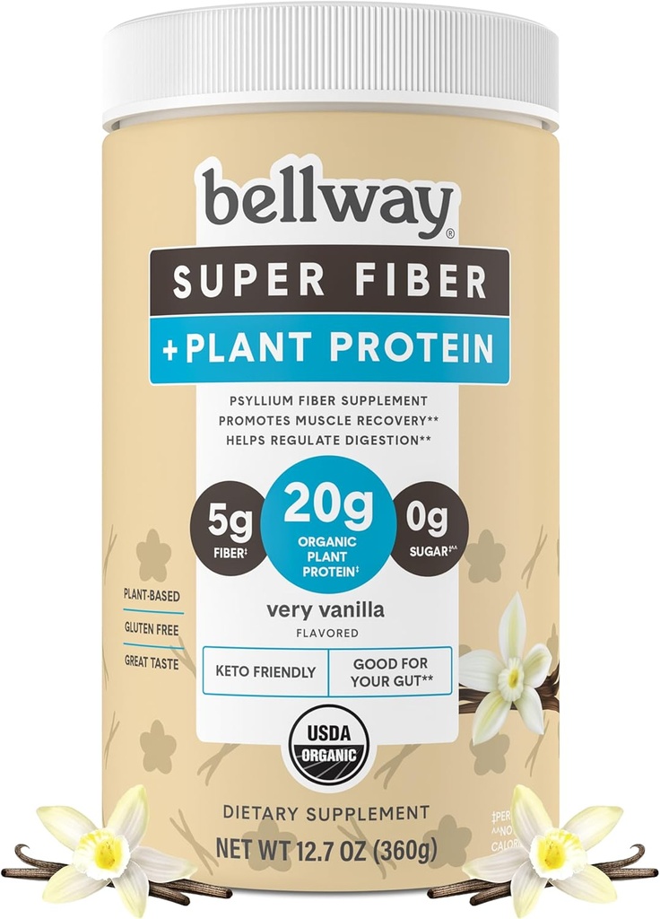 Bellway Super Fiber + Proteïne Poeder, Suikervrije Biologische Psyllium Husk Fiber Supplement Poeder met 20g Plant Proteïne Per Serving, Zeer Vanille, 12.7 oz