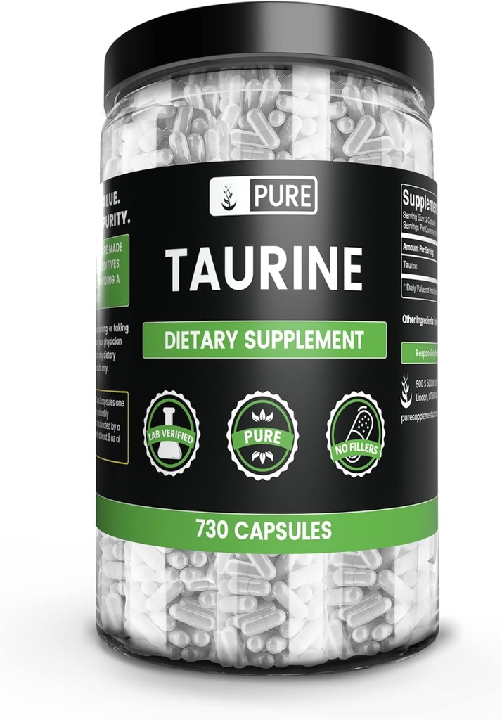 PURE ORIGINEEL INGREDIËNTEN Taurine (730 capsules) Geen Magnesium of rijstvullers, altijd zuiver, lab geverifieerd