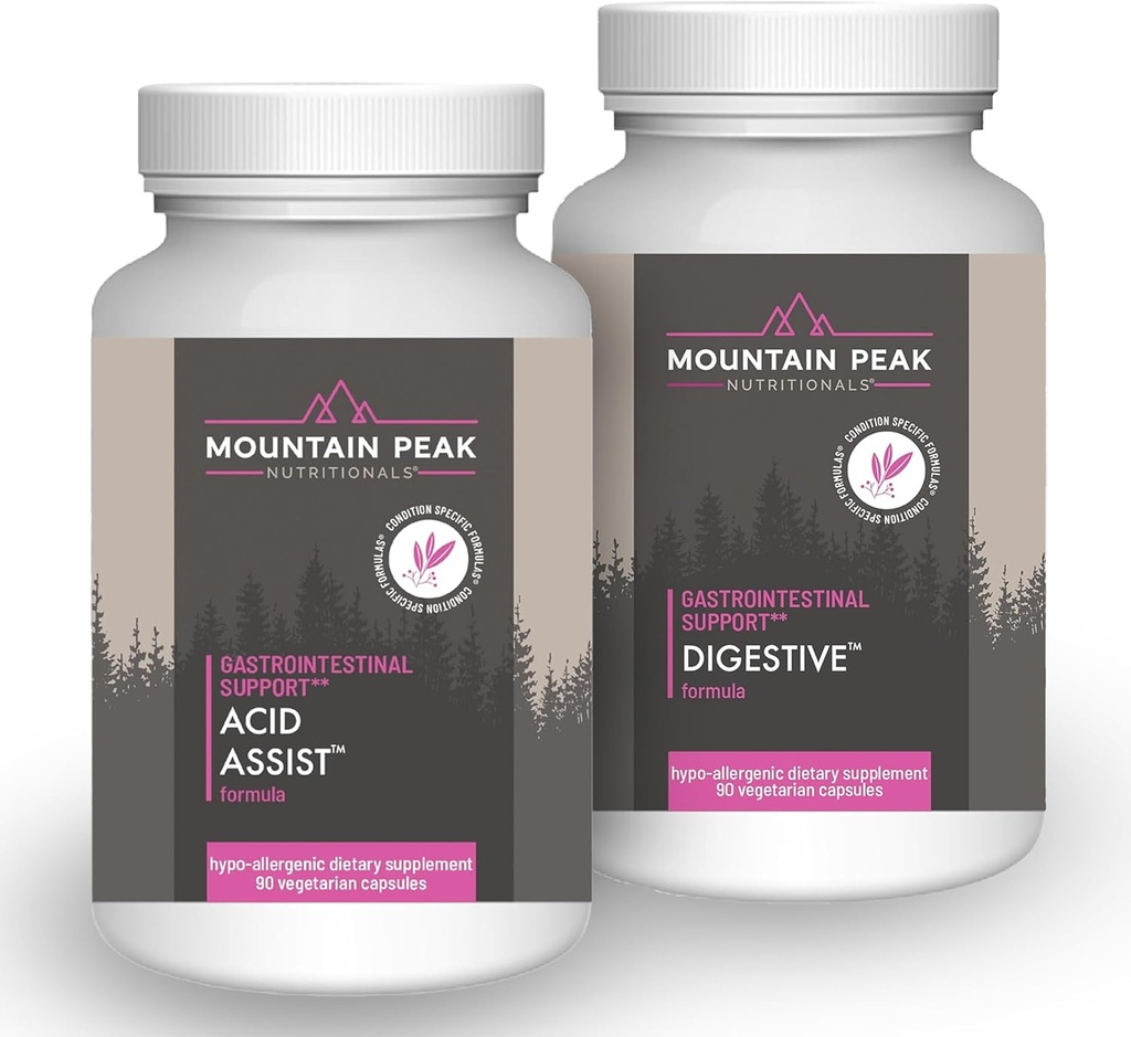 Mountain Peak Nutritionals Acid Assist & Digestieve Ondersteuning Combo Pack - Gastro-intestinale en spijsverteringsgezondheid - Enzymen, Probiotica, & Nutriënten Ondersteuning - 90 Vegetarische Capsules Elk