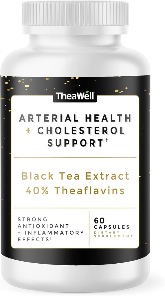 TheaWell Natural Arteriële Gezondheid + Cholesterol Ondersteuning - 60 Tellen, Zwarte Thee Extract, Theaflavinen, Niet GGO, Veganistisch, & Glutenvrij