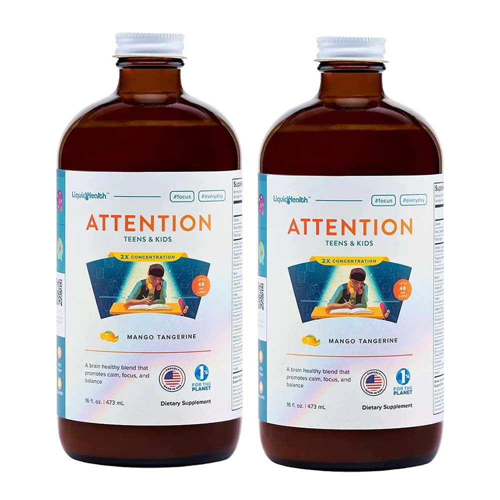 LIQUIDEHEALTH Attentie, vloeibare multivitamine voor kinderen & tieners - Verbetert geheugenbehoud, concentratie, concentratie, stemming, ontspannen en kalmeren - Made in the USA, Great Taste, Vegan, Sugar-Free (2 Pack)