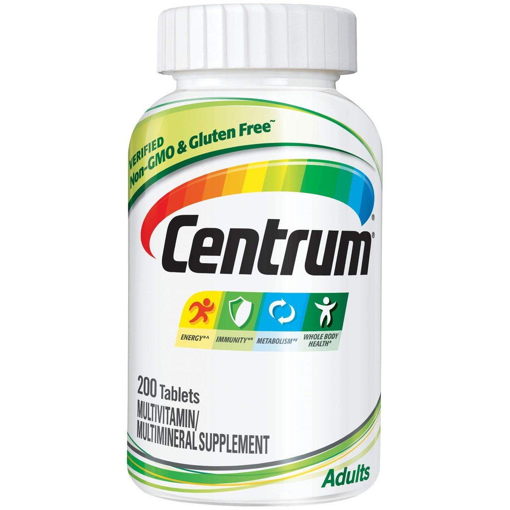Centrum Adult Multivitamine/Multimineral Supplement met Antioxidanten, Zink, Vitamine D3 en B Vitaminen, Glutenvrij, Niet-GMO Ingrediënten - 200 Tel.