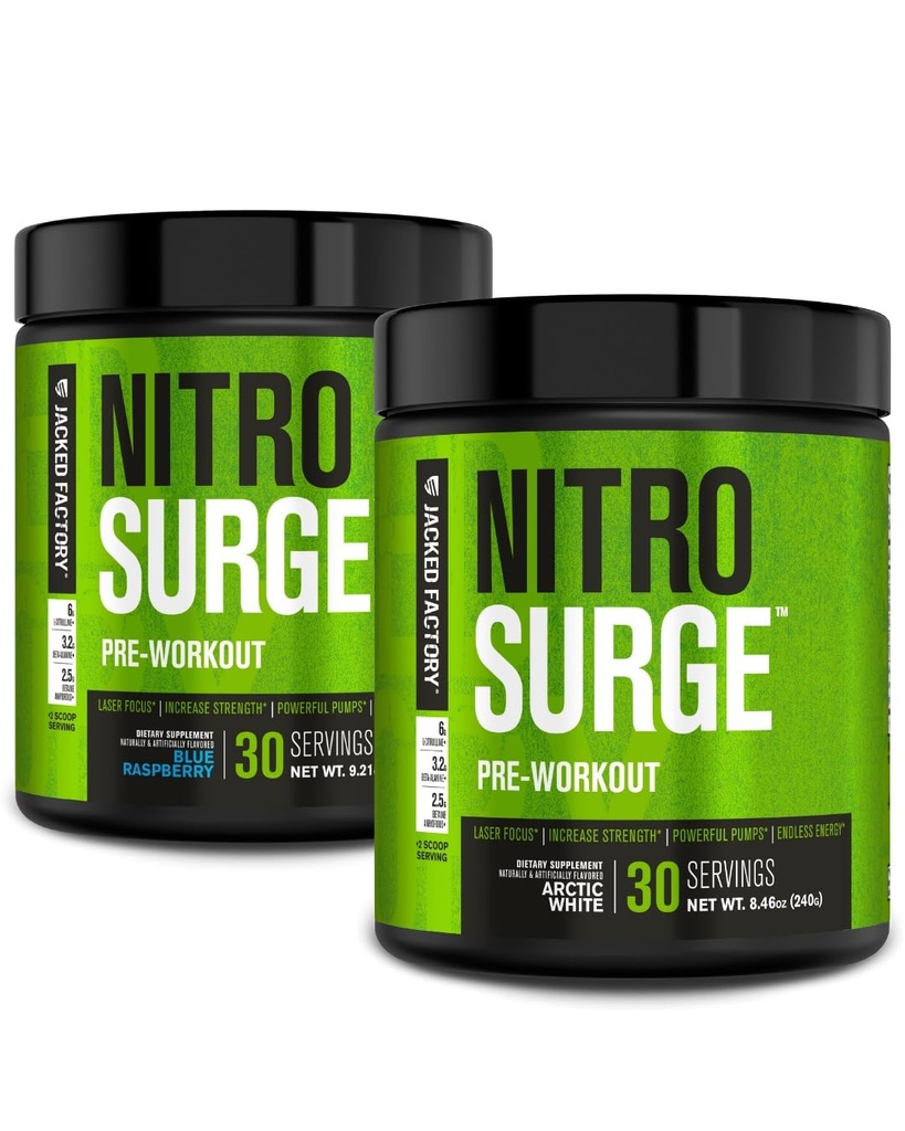 Ge Jacked Factory NITROSURGE Pre-workout supplement voor energie, Instant Strength Gains, Duidelijke Focus, & Intense Pumps (Blue Raspberry, 30 Servings & Arctic White, 30 Servings)