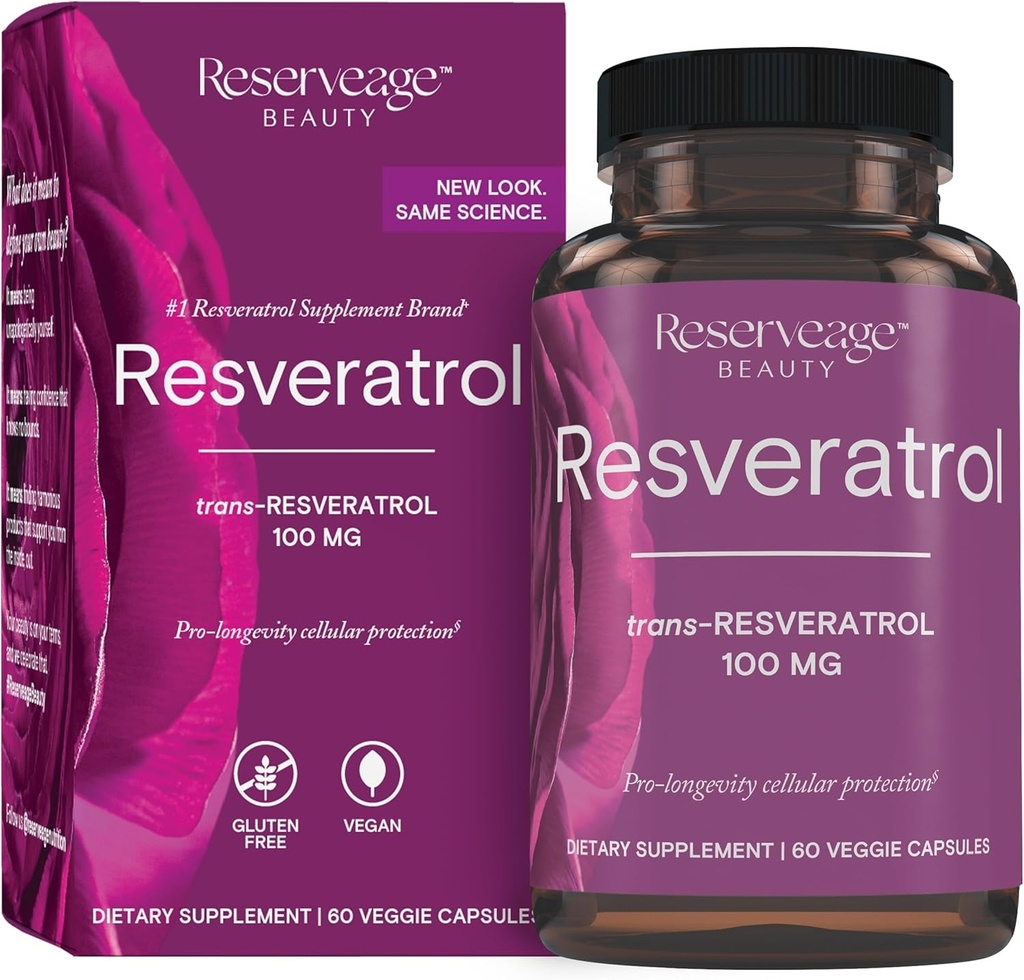 Reserveage Beauty, Resveratrol 100 mg, Antioxidant Supplement voor hart en Cellular Health, Ondersteunt gezonde veroudering en immuunsysteem, Paleo, Keto, 60 capsules (60 porties)